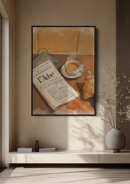 Ochtend Koffie Croissant Krant Terracotta Aquarel Gezellig Schilderij