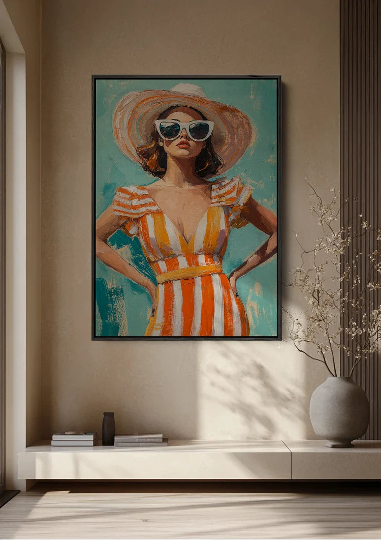Stylish Woman Summer Dress Orange Stripes Sunglasses Straw Hat Summer Painting