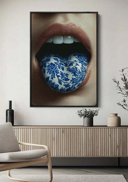 Surrealistisch Portret Lippen Delfts Blauw Porselein Tong Close Up Schilderij