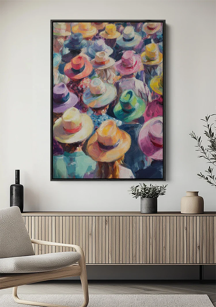 Kleurrijke Hoedenmenigte Bovenaanzicht Impressionistisch Feestelijk Schilderij