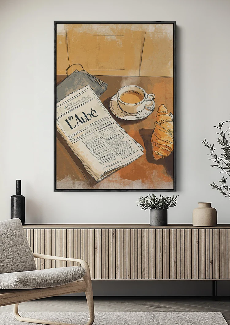 Ochtend Koffie Croissant Krant Terracotta Aquarel Gezellig Schilderij