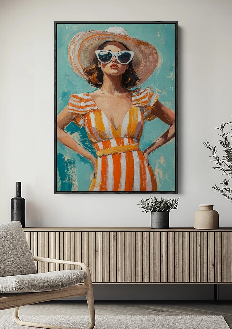Stylish Woman Summer Dress Orange Stripes Sunglasses Straw Hat Summer Painting