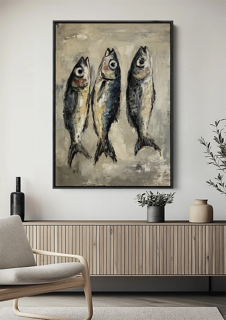 Drie Vissen Klassiek Stillleven Aardtinten Abstract Schilderij
