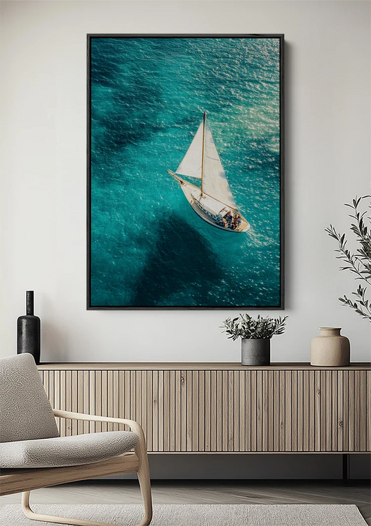 Wit Zeilboot Turquoise Zee Bovenaanzicht Zomers Zeegezicht Canvas Schilderij