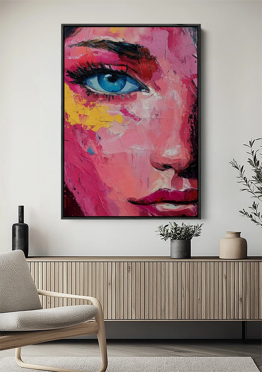 Abstract portret canvas schilderij aan de muur in de slaapkamer