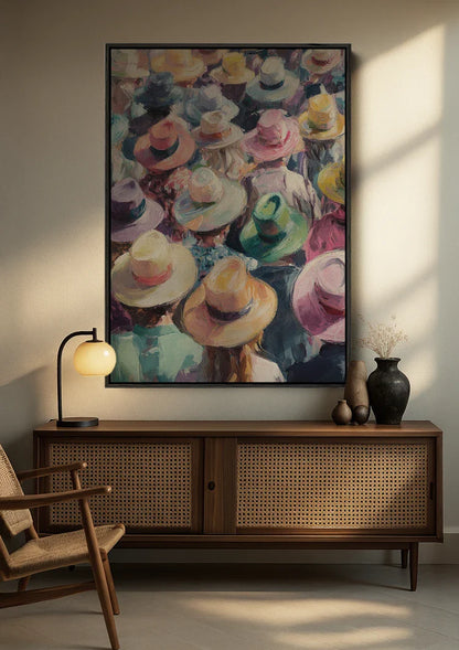 Kleurrijke Hoedenmenigte Bovenaanzicht Impressionistisch Feestelijk Schilderij