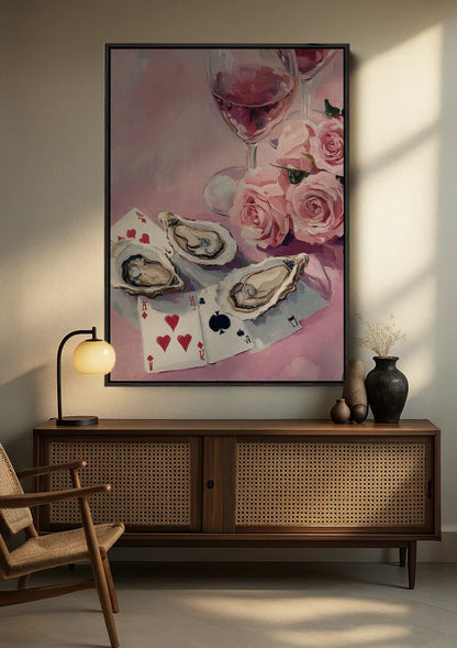 Austern Rosa Rosen Spielkarten Rosé Romantisches Stillleben Gemälde