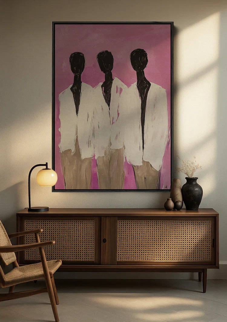 Three Abstract Silhouettes Vibrant Pink Background Modern Painting
