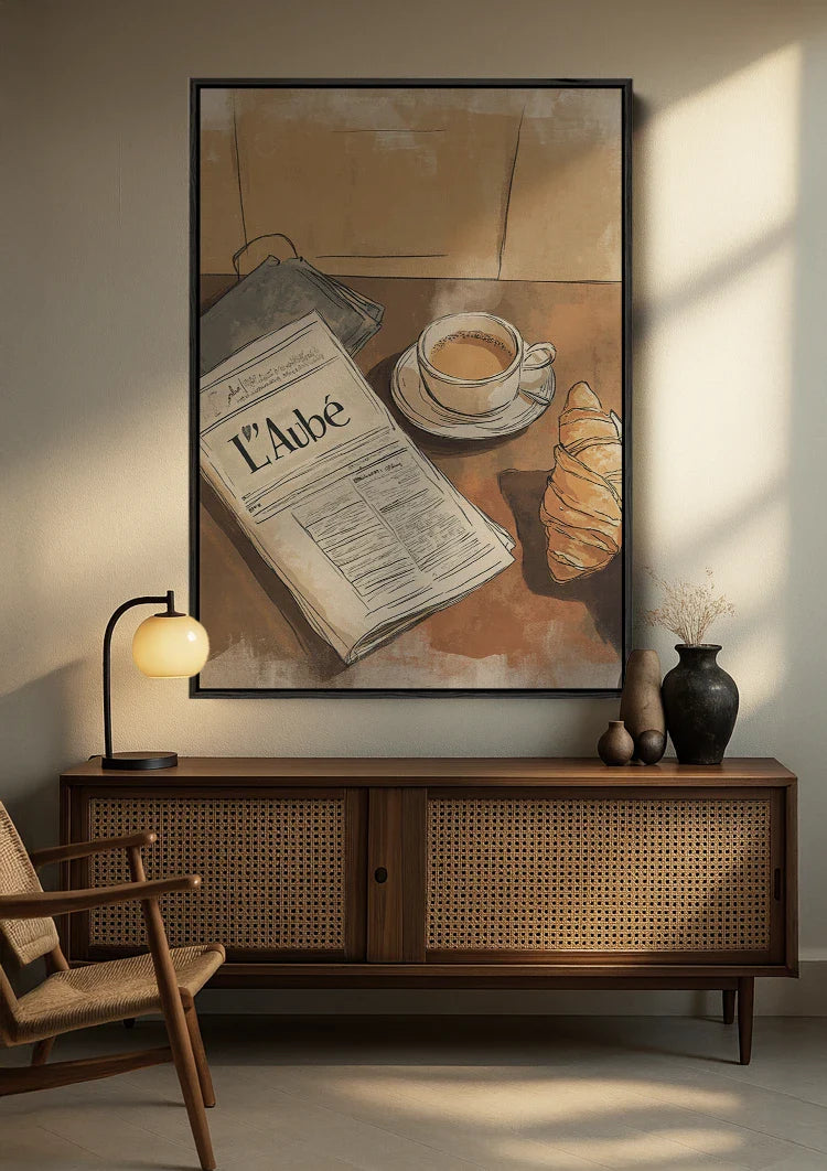 Ochtend Koffie Croissant Krant Terracotta Aquarel Gezellig Schilderij