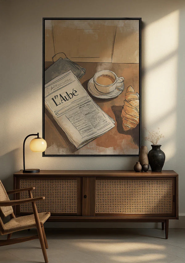 Ochtend Koffie Croissant Krant Terracotta Aquarel Gezellig Schilderij