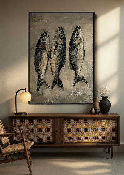 Drie Vissen Klassiek Stillleven Aardtinten Abstract Schilderij