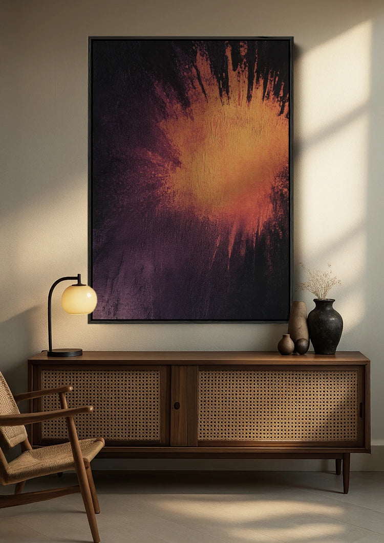 Abstract Oranje Vuurexplosie Paars Fluweel Dramatisch Modern Schilderij