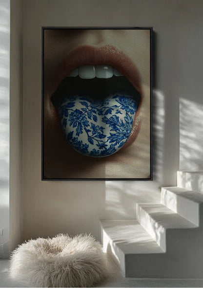 Surrealistisch Portret Lippen Delfts Blauw Porselein Tong Close Up Schilderij