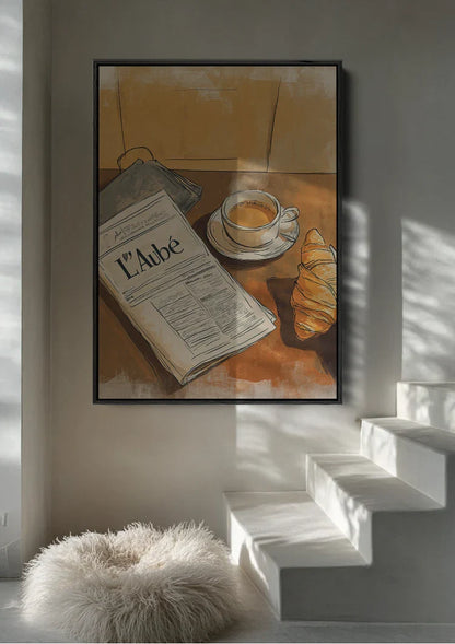 Ochtend Koffie Croissant Krant Terracotta Aquarel Gezellig Schilderij