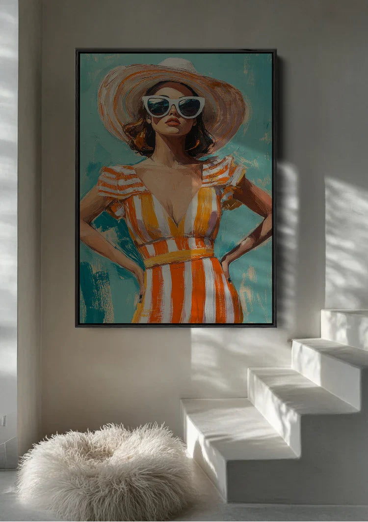 Stylish Woman Summer Dress Orange Stripes Sunglasses Straw Hat Summer Painting