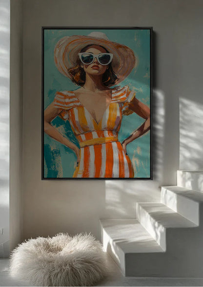 Stylish Woman Summer Dress Orange Stripes Sunglasses Straw Hat Summer Painting