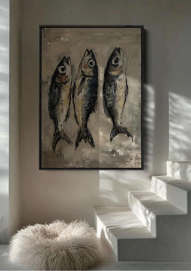 Drie Vissen Klassiek Stillleven Aardtinten Abstract Schilderij