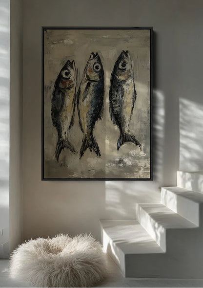 Drie Vissen Klassiek Stillleven Aardtinten Abstract Schilderij