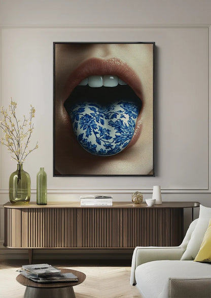 Surrealistisch Portret Lippen Delfts Blauw Porselein Tong Close Up Schilderij