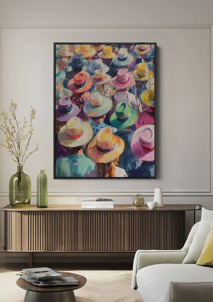 Kleurrijke Hoedenmenigte Bovenaanzicht Impressionistisch Feestelijk Schilderij