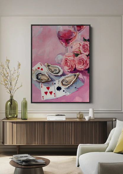 Austern Rosa Rosen Spielkarten Rosé Romantisches Stillleben Gemälde