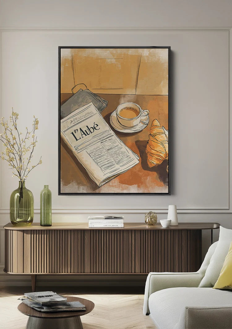 Ochtend Koffie Croissant Krant Terracotta Aquarel Gezellig Schilderij
