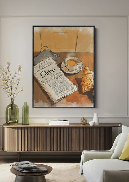 Ochtend Koffie Croissant Krant Terracotta Aquarel Gezellig Schilderij
