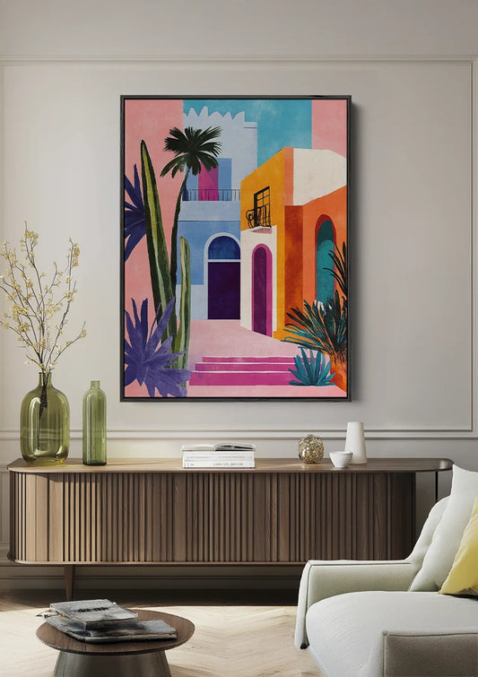 Mediterraan Pastelkleurig Straatje Palmbomen Cactus Kleurrijke Gebouwen Canvas Schilderij