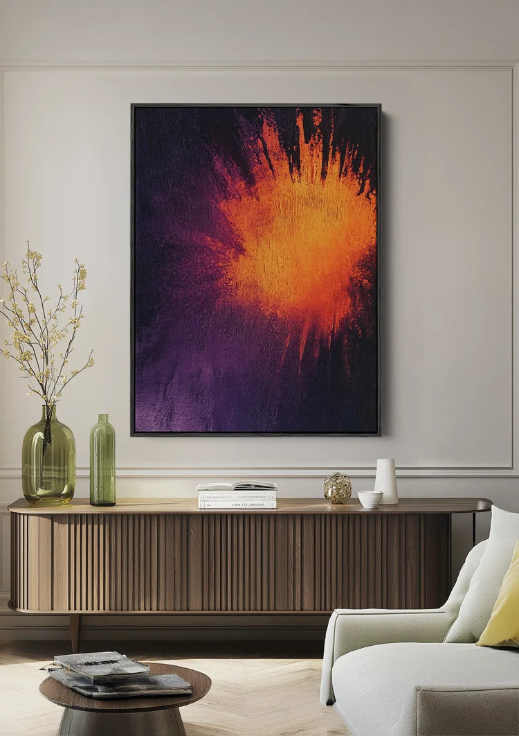 Abstract Oranje Vuurexplosie Paars Fluweel Dramatisch Modern Schilderij