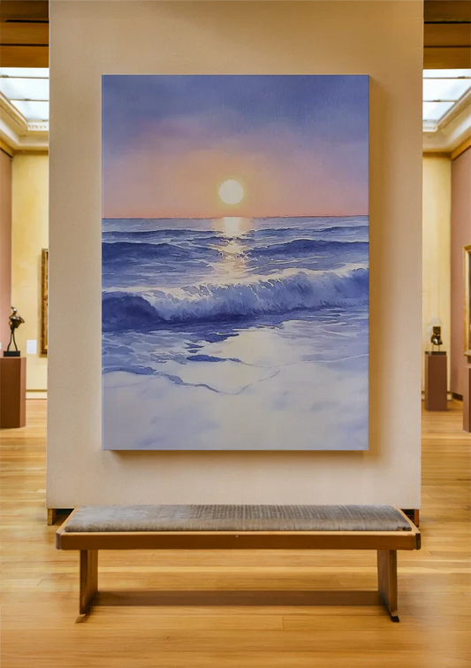 Aquarel Strand Met Golven Bij Zonsondergang Zachte Pasteltinten Canvas Schilderij