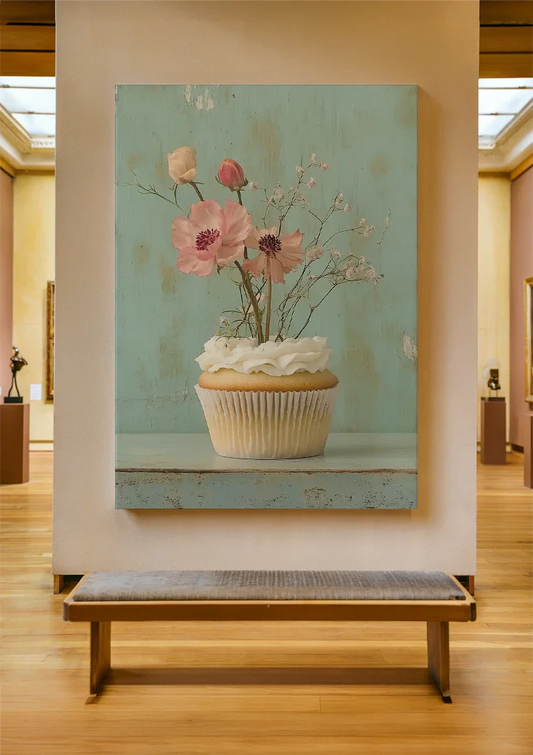 Cupcake canvas schilderij hangt aan de muur in de hal