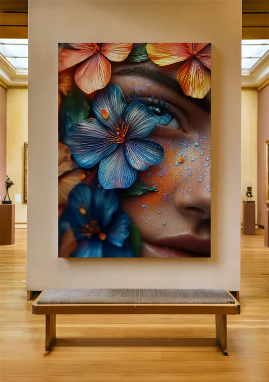Vrouwenportret met bloemen canvas schilderij aan de muur in de hal