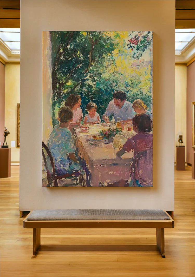 Familie Diner Buiten In Zonlicht Impressionistisch Schilderij