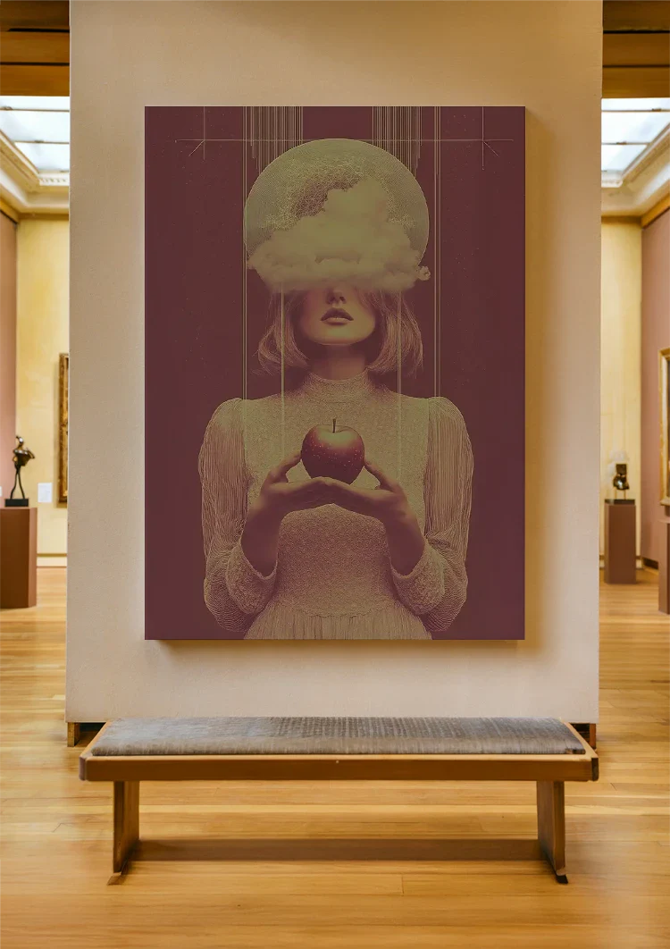Surrealist Female Portrait With Cloud And Red Apple Vintage Painting