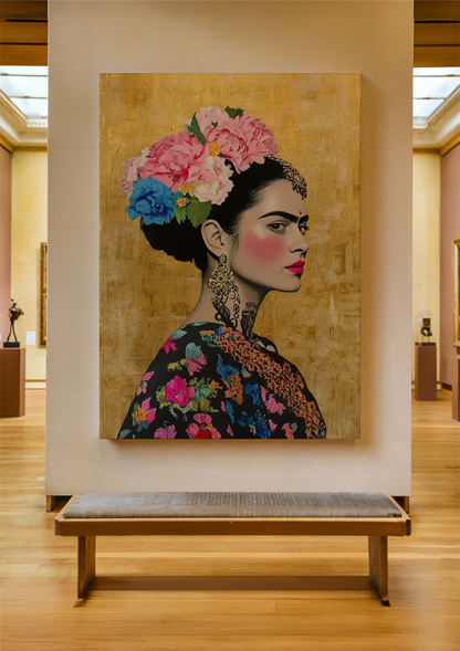 Woman Portrait Side Profile With Colorful Flowers Golden Background Painting