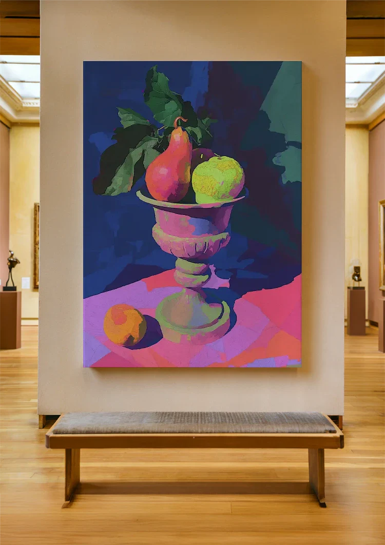 Neon Still Life with Pear and Apple in Classic Vase Painting