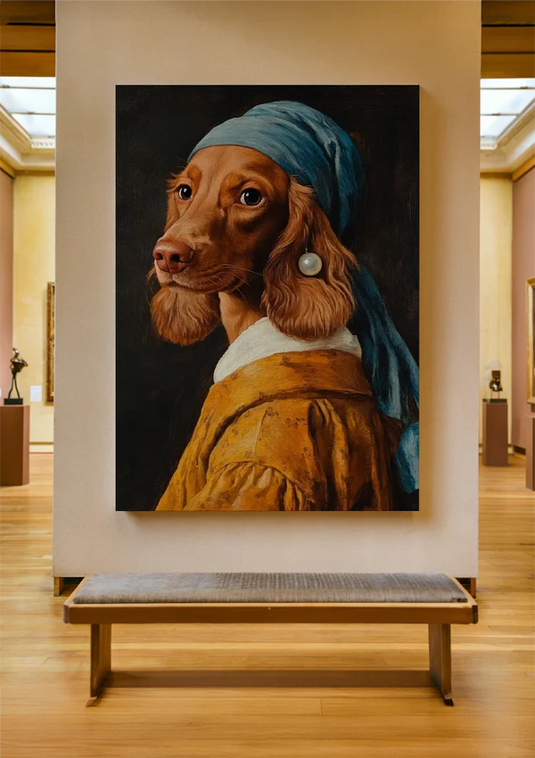 Hund mit Perle im Vermeer-Stil Blaues Kopftuch Lustiges Porträtgemälde