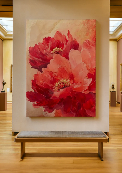Red Peonies Warm Gold Background Floral Painting