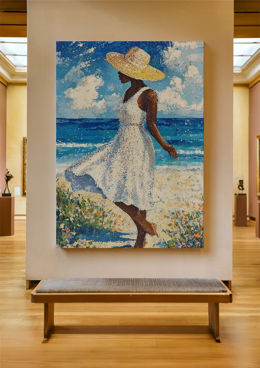 Vrouw Witte Jurk Strohoed Strand Blauwe Zee Abstract Canvas Schilderij