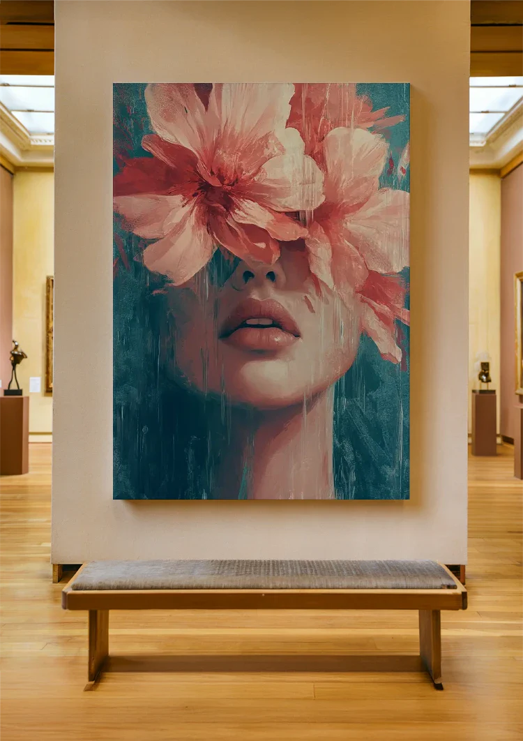 Woman with Pink Flowers Turquoise Background Portrait Painting