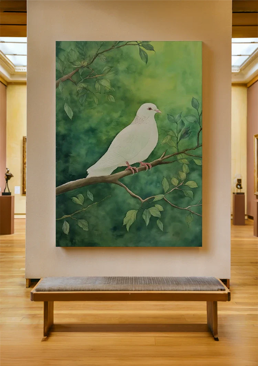 Witte duif canvas schilderij aan de muur bij de voordeur in de hal