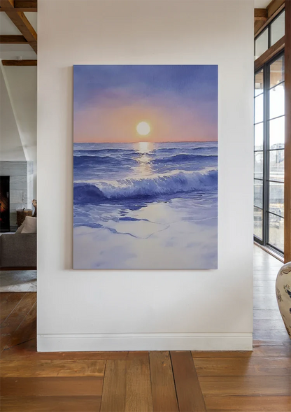 Aquarell Strand mit Wellen bei Sonnenuntergang Zarte Pastelltöne Gemälde