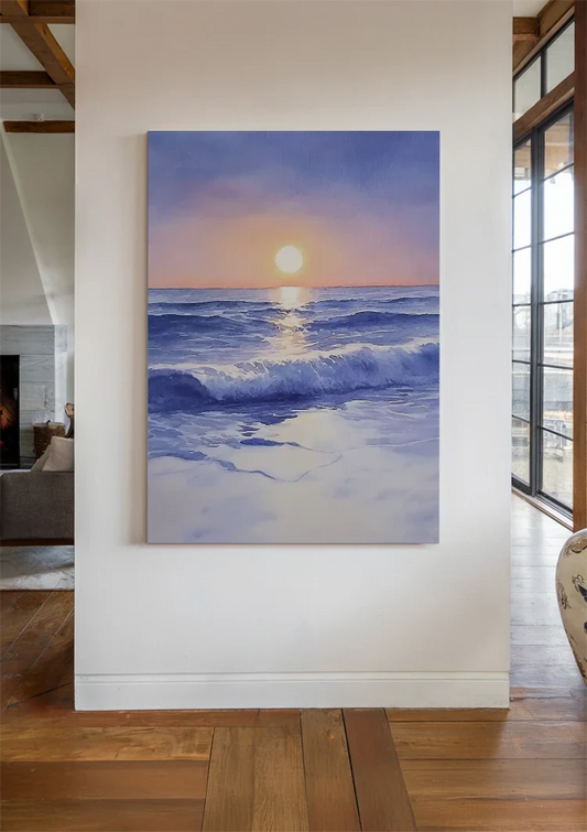 Aquarel Strand Met Golven Bij Zonsondergang Zachte Pasteltinten Canvas Schilderij