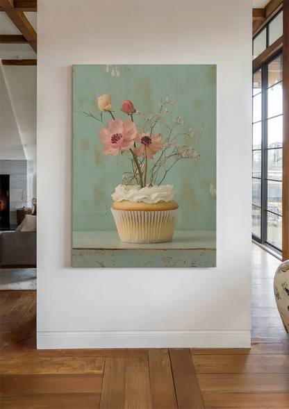 Cupcake Met Roze Bloemen Mint Achtergrond Romantisch Pastel Schilderij