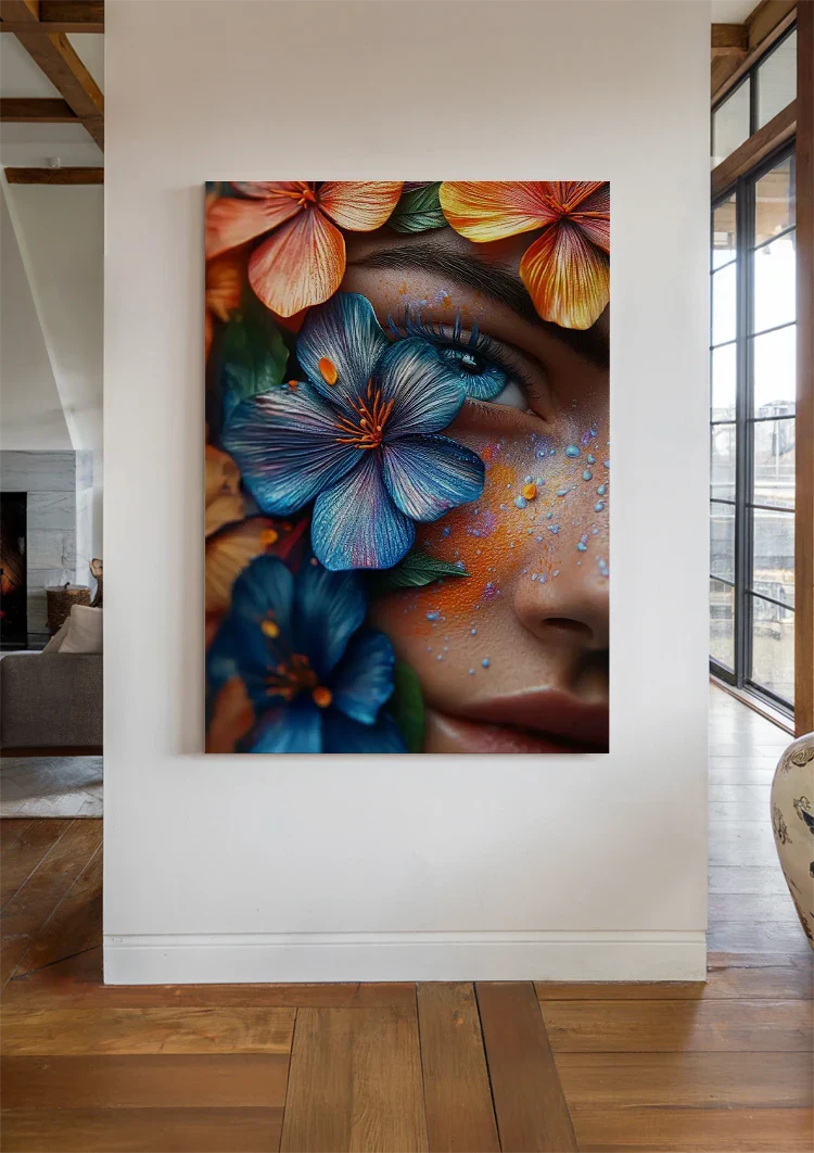 Exotic Female Portrait with Colorful Tropical Flowers Painting