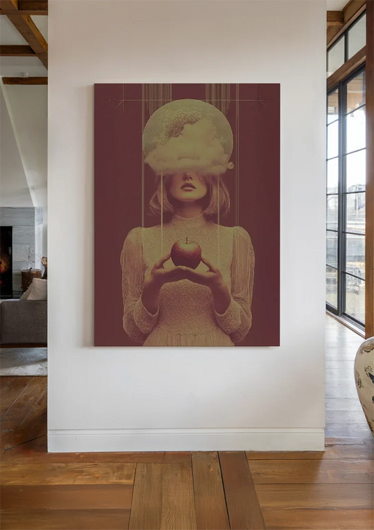 Vrouwenportret met wolk en appel canvas schilderij aan de muur in de hal