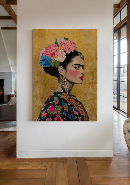 Woman Portrait Side Profile With Colorful Flowers Golden Background Painting