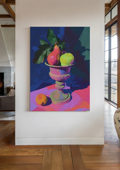 Neon Still Life with Pear and Apple in Classic Vase Painting