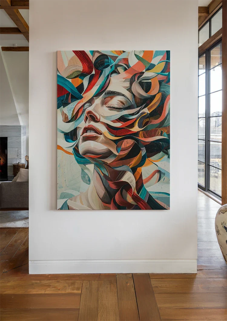 Abstraktes Frauenporträt mit bunten Strömungen Expressionistisches Gemälde