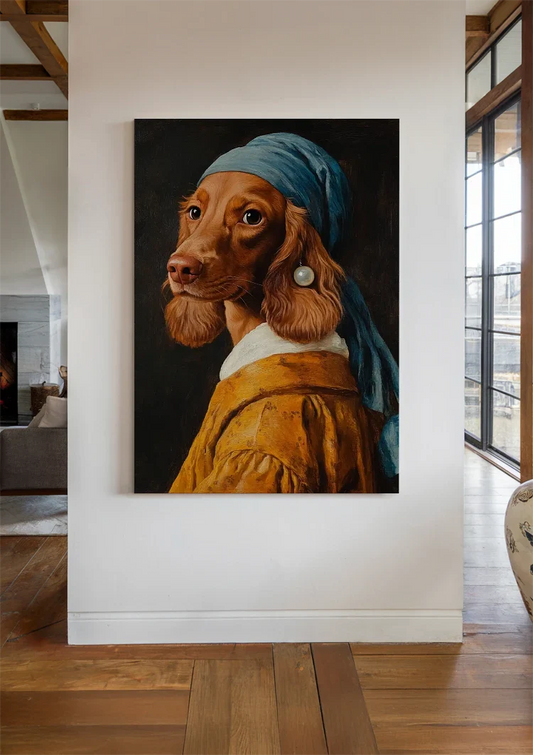 Hond met een parel canvas schilderij aan de muur in de hal